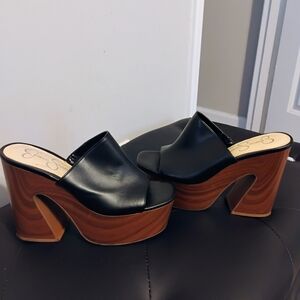 Jessica Simpson Black Leather Mules with Brown Wooden Heel